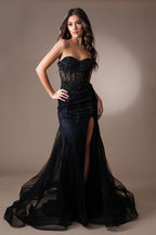 Dazzling Crystals Embellished Red Carpet Inspired Long Mermaid Gown w/ Sheer Corset Bodice