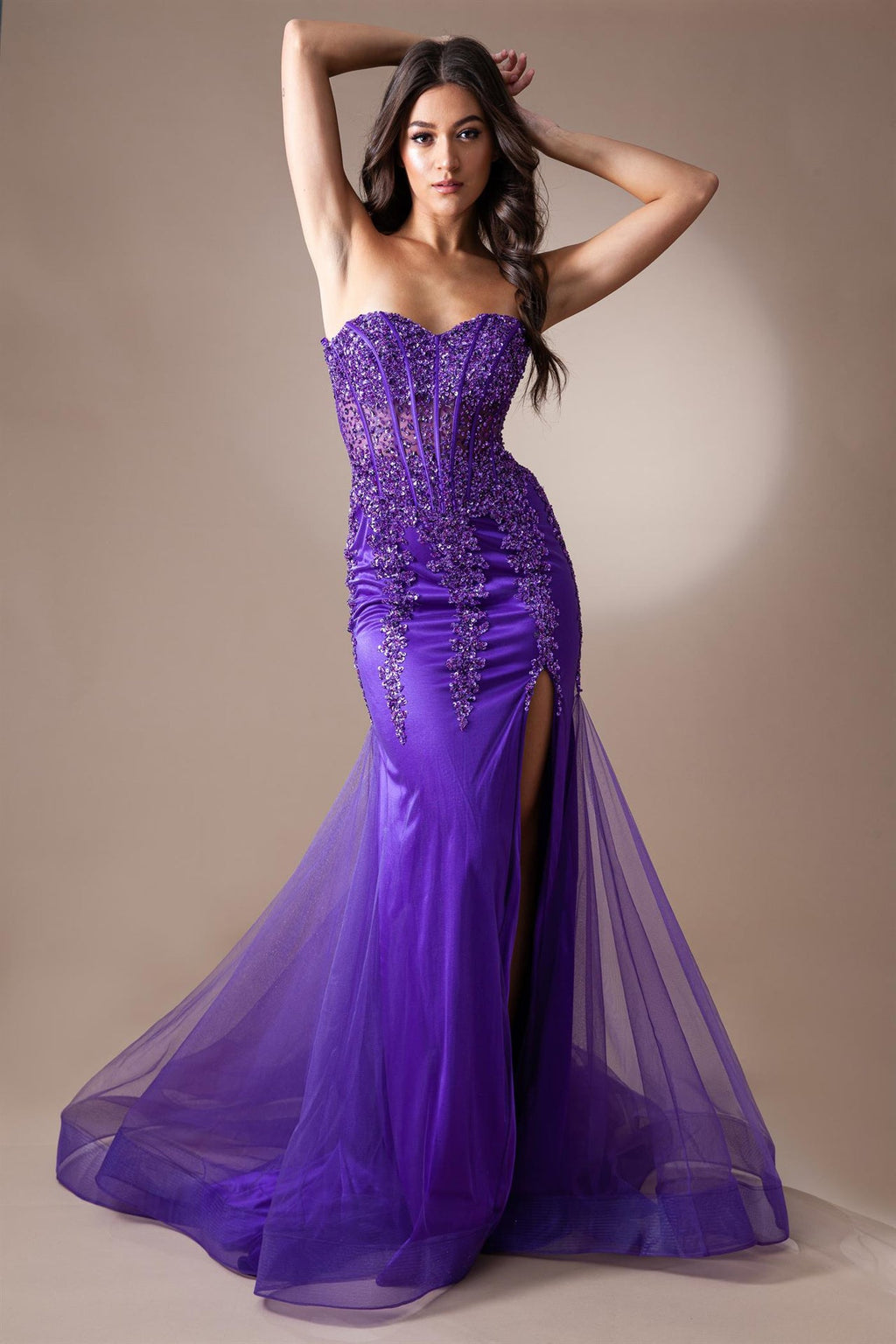Dazzling Crystals Embellished Red Carpet Inspired Long Mermaid Gown w/ Sheer Corset Bodice
