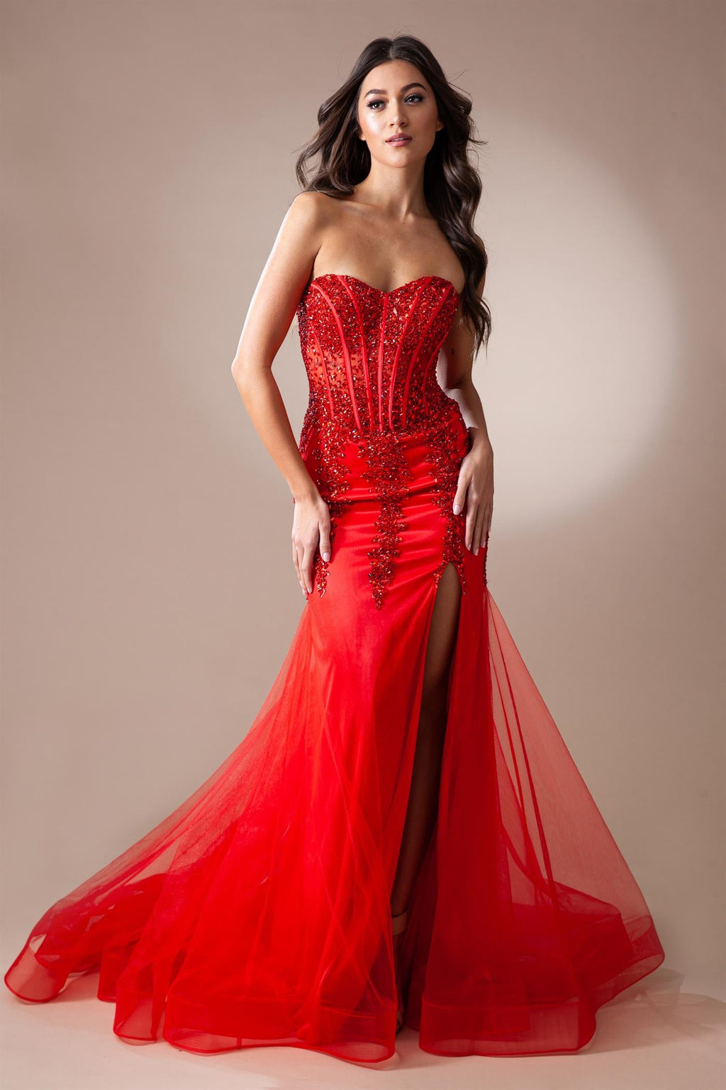 Dazzling Crystals Embellished Red Carpet Inspired Long Mermaid Gown w/ Sheer Corset Bodice