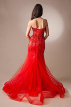 Dazzling Crystals Embellished Red Carpet Inspired Long Mermaid Gown w/ Sheer Corset Bodice