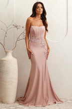 Strapless Sheath Maxi Gown w/ Structured Bodice & Sparkling Beads Embroidery