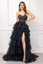 Strapless Ceremonial Beaded Ball Gown w/ Sweetheart Neckline & Ruffled Skirt