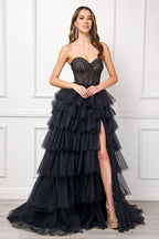 Strapless Ceremonial Beaded Ball Gown w/ Sweetheart Neckline & Ruffled Skirt