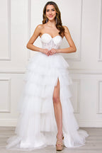 Strapless Ceremonial Beaded Ball Gown w/ Sweetheart Neckline & Ruffled Skirt