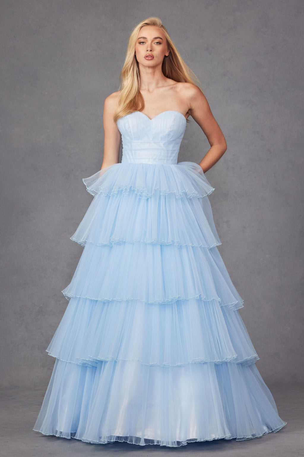 Ruffle Tulle Skirt A-Line Long Formal Dress w/ Strapless Sweetheart Neckline