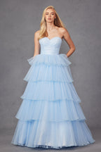 Ruffle Tulle Skirt A-Line Long Formal Dress w/ Strapless Sweetheart Neckline