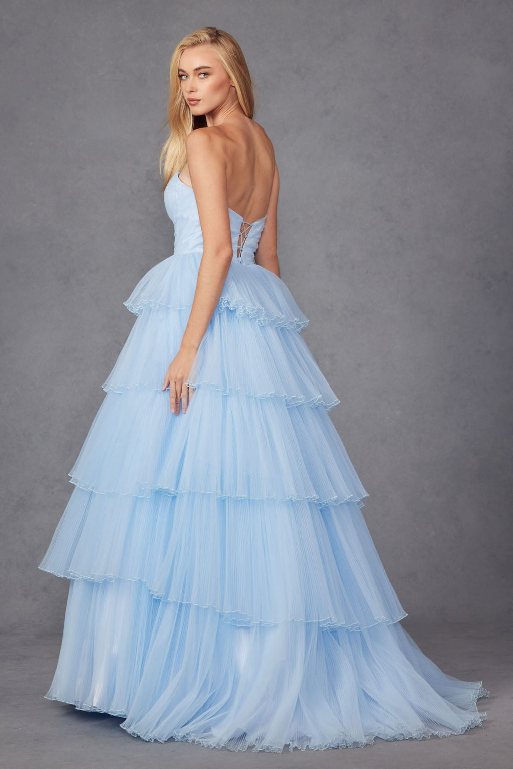 Ruffle Tulle Skirt A-Line Long Formal Dress w/ Strapless Sweetheart Neckline