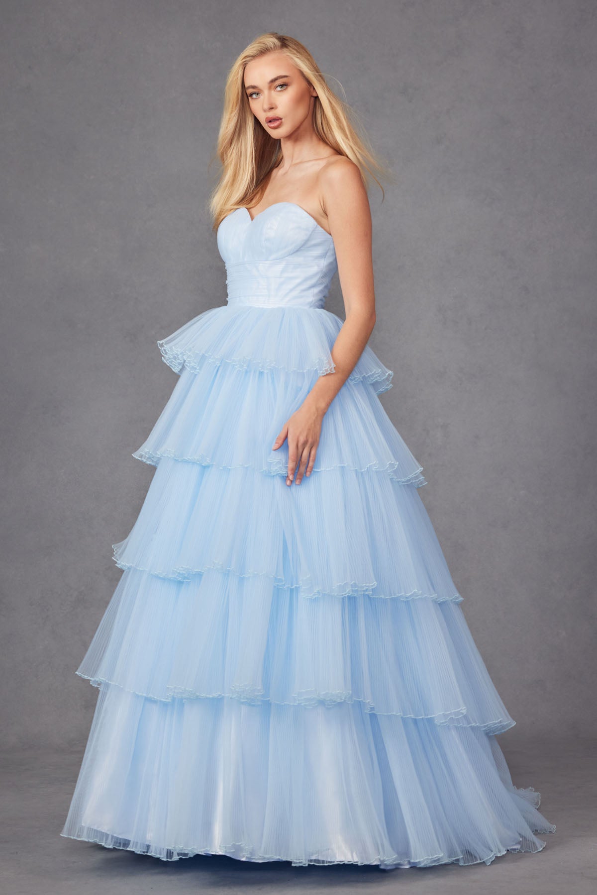 Ruffle Tulle Skirt A-Line Long Formal Dress w/ Strapless Sweetheart Neckline