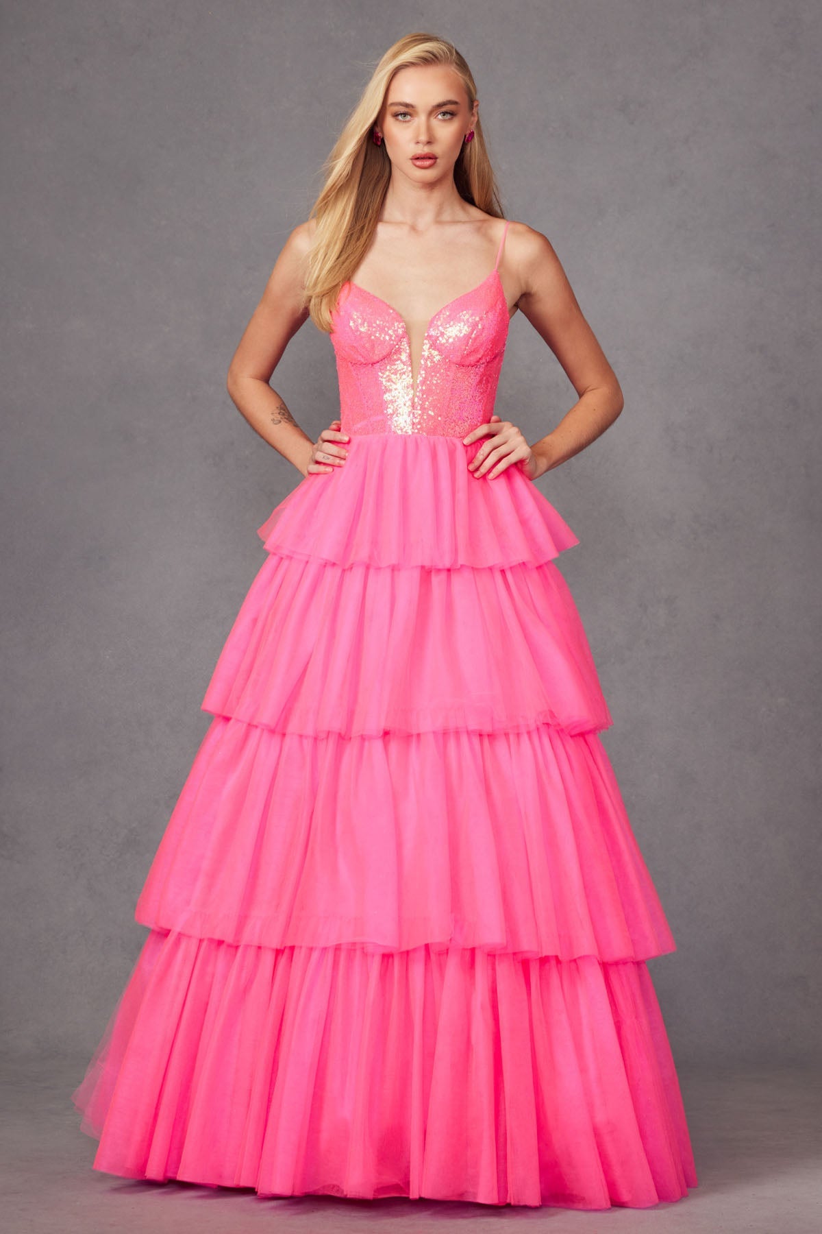 Sequins Embellished Prom Ball Gown w/ Voluminous Skirt & Iridescent Effect