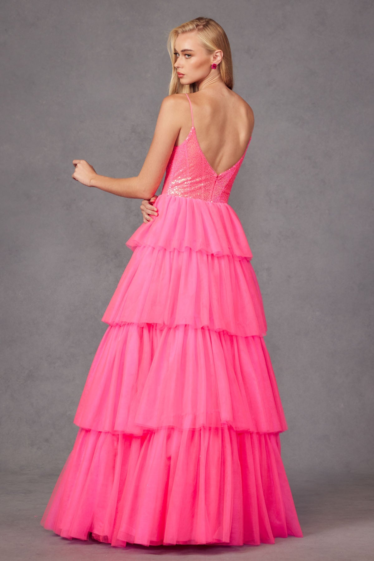 Sequins Embellished Prom Ball Gown w/ Voluminous Skirt & Iridescent Effect