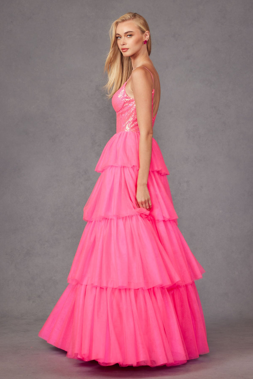 Sequins Embellished Prom Ball Gown w/ Voluminous Skirt & Iridescent Effect