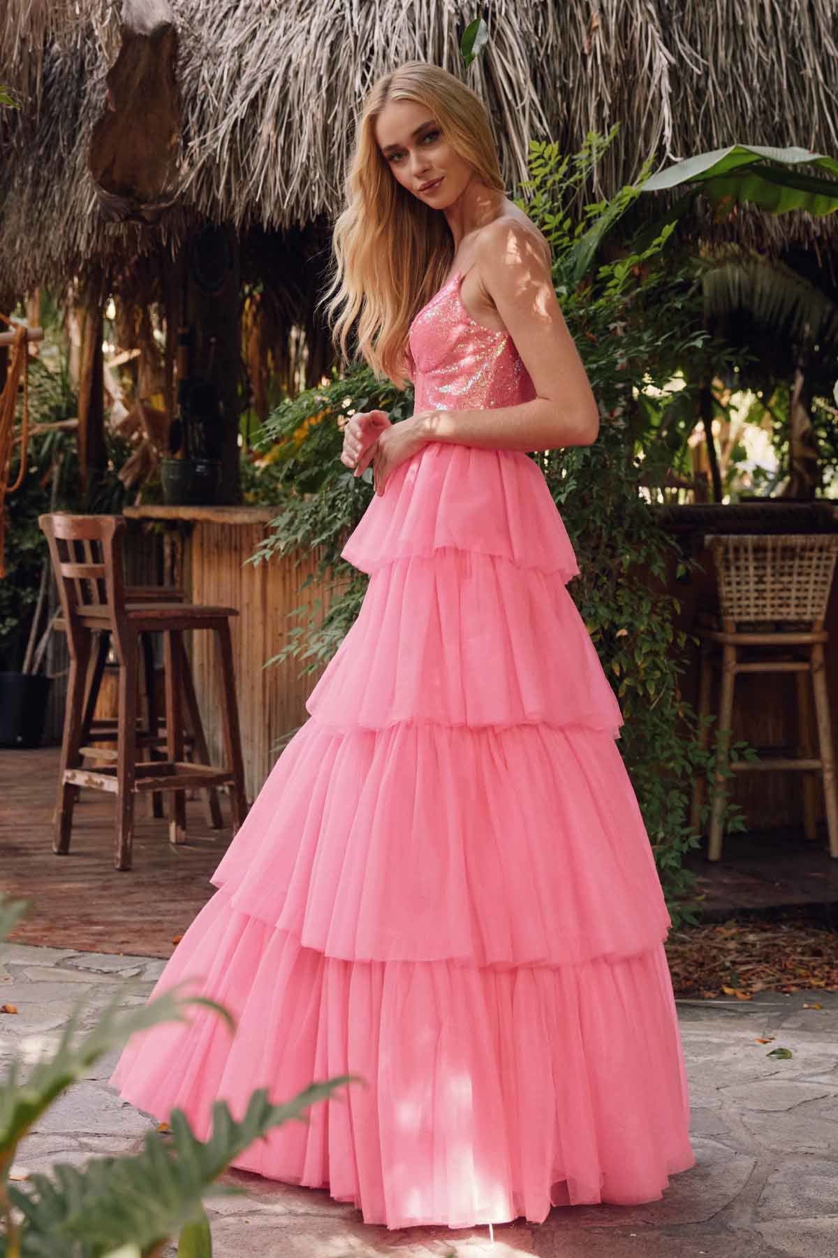 Sequins Embellished Prom Ball Gown w/ Voluminous Skirt & Iridescent Effect