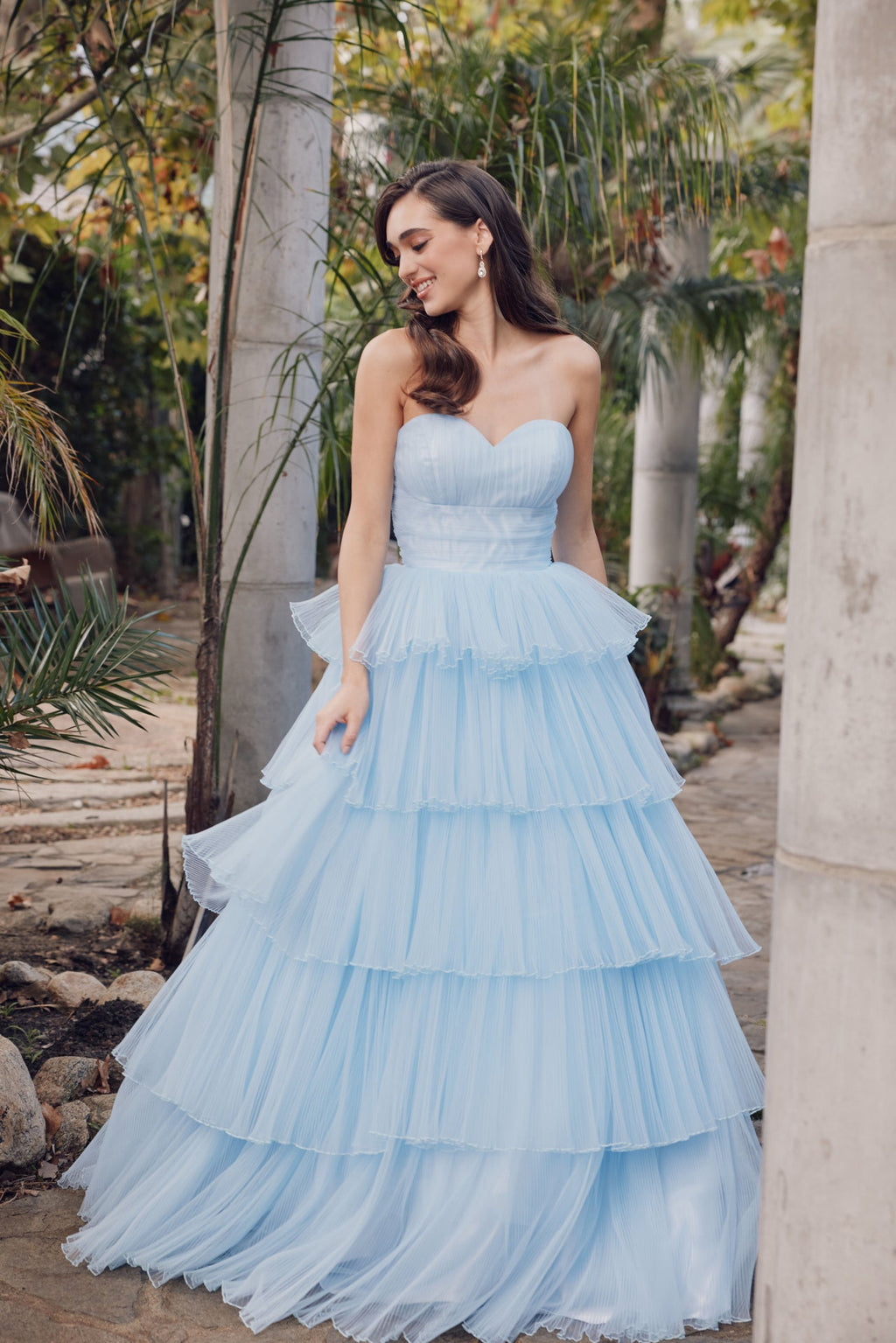 Ruffle Tulle Skirt A-Line Long Formal Dress w/ Strapless Sweetheart Neckline
