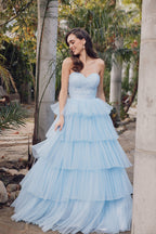 Ruffle Tulle Skirt A-Line Long Formal Dress w/ Strapless Sweetheart Neckline