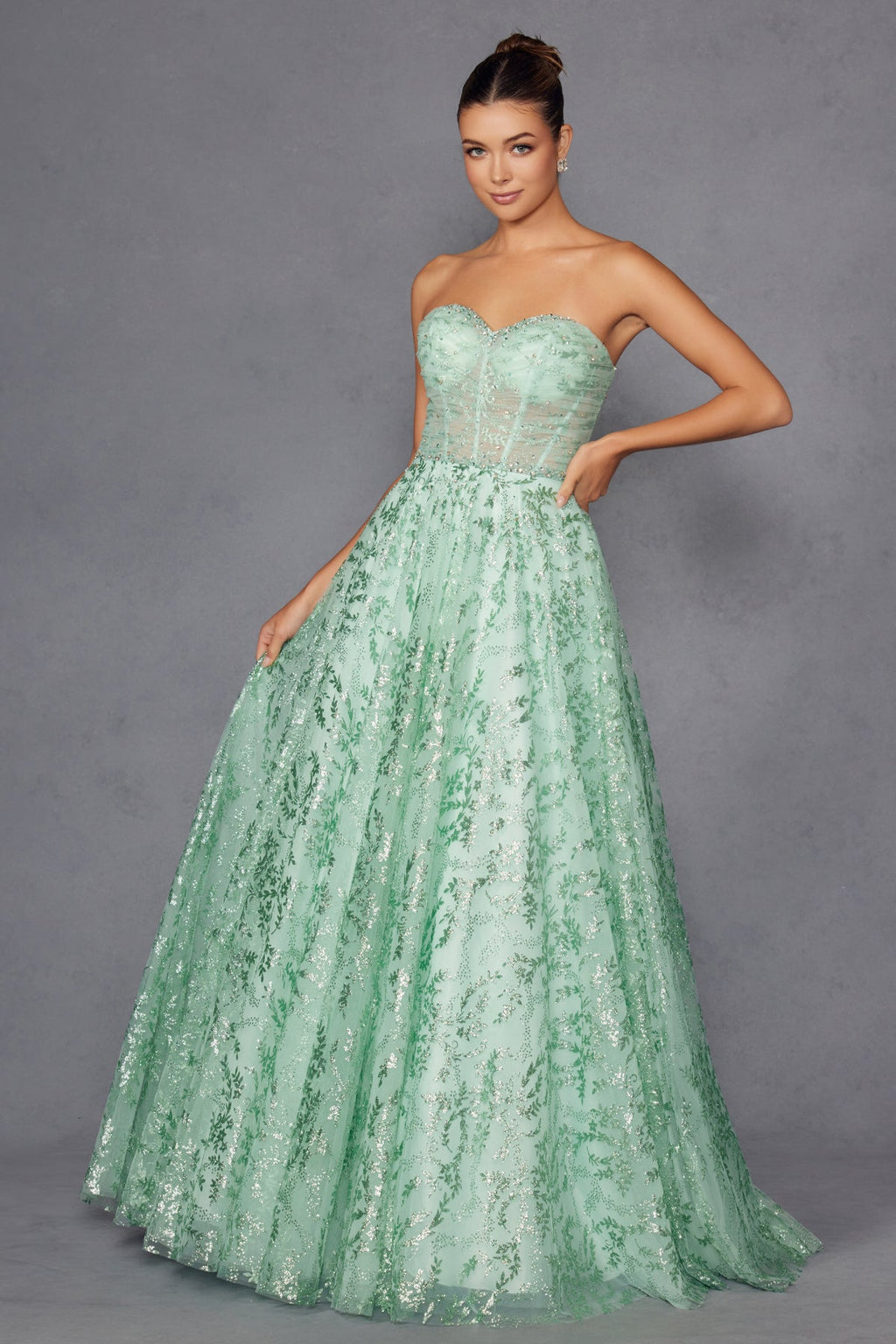 Strapless Beaded Sweetheart Evening Gown with Sheer Corset