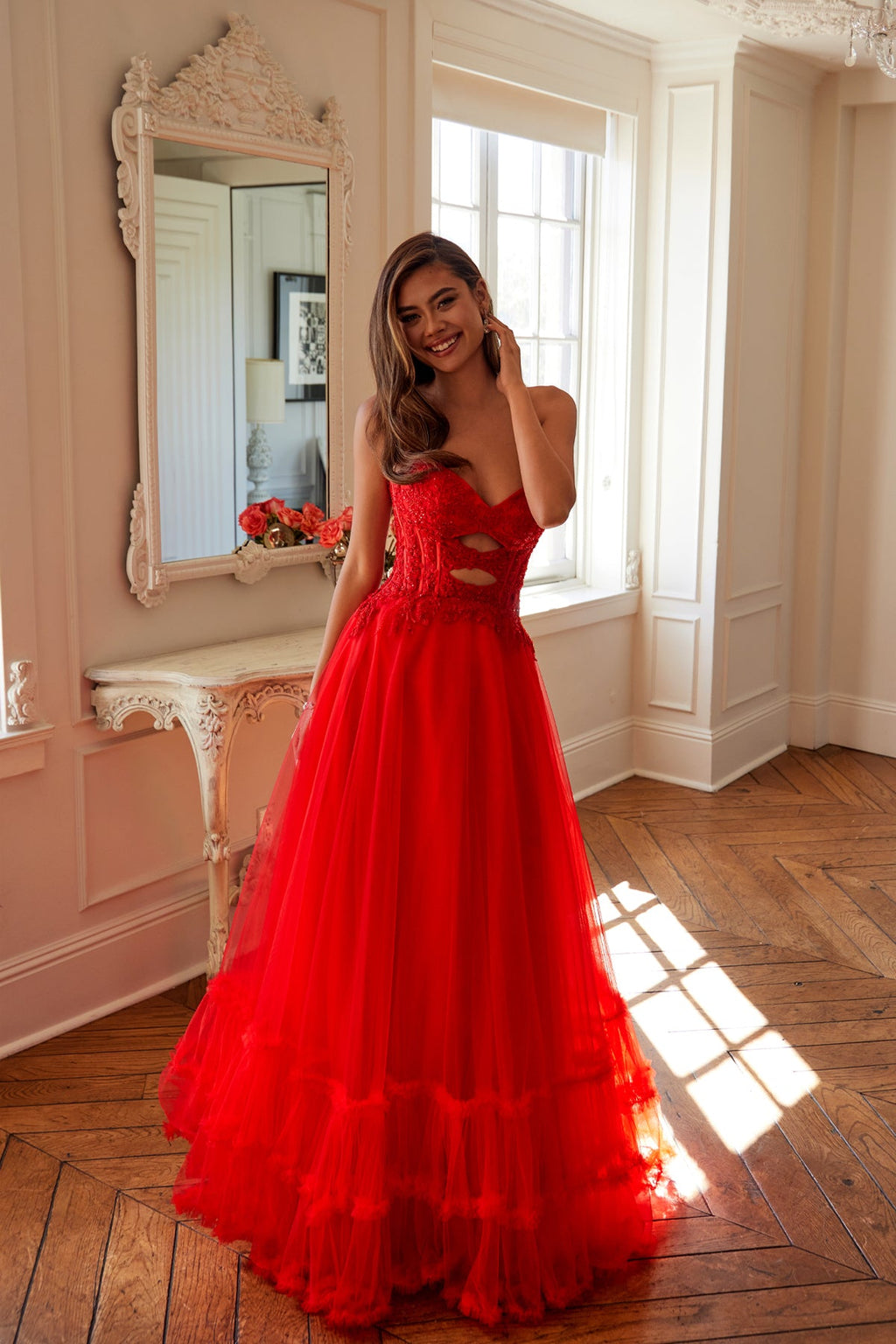 Strapless A-Line Beaded Evening Gown w/ Front Cut Out & Layered Skirt