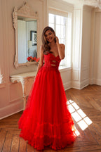 Strapless A-Line Beaded Evening Gown w/ Front Cut Out & Layered Skirt