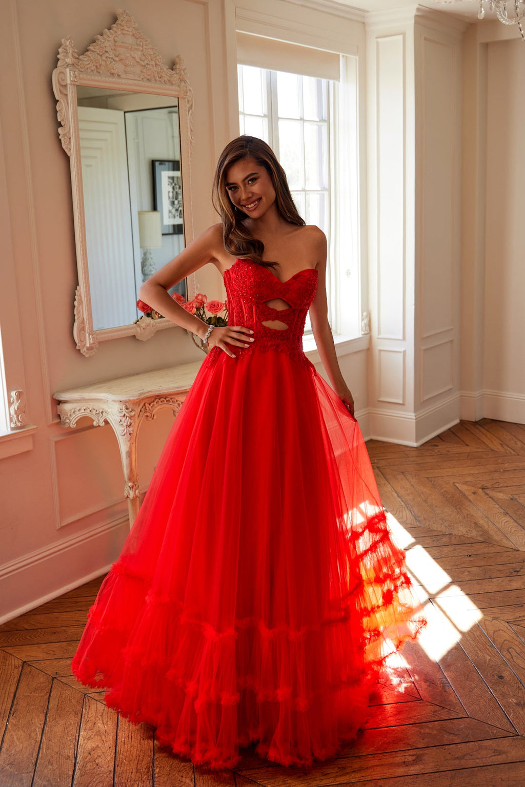 Strapless A-Line Beaded Evening Gown w/ Front Cut Out & Layered Skirt