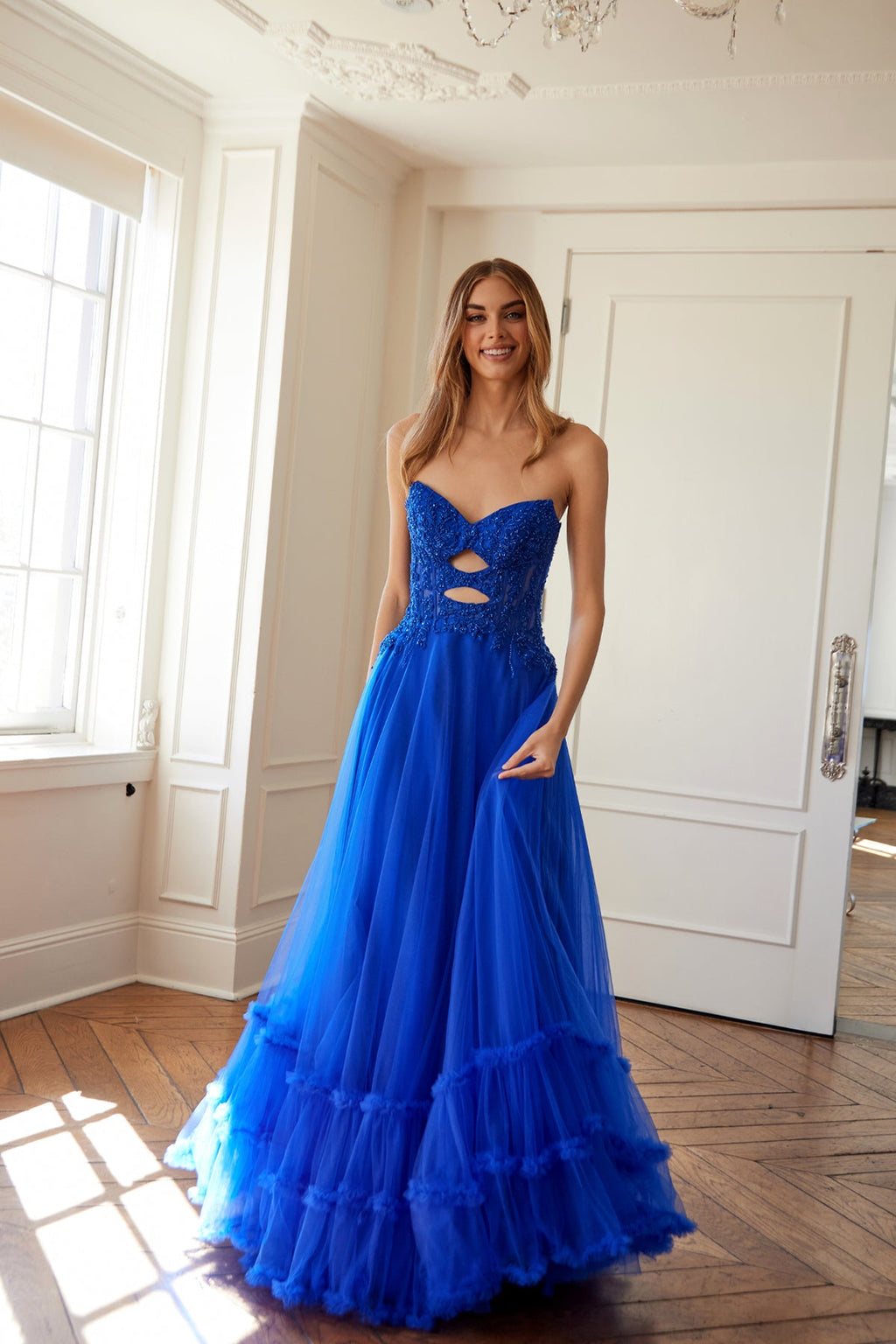 Strapless A-Line Beaded Evening Gown w/ Front Cut Out & Layered Skirt