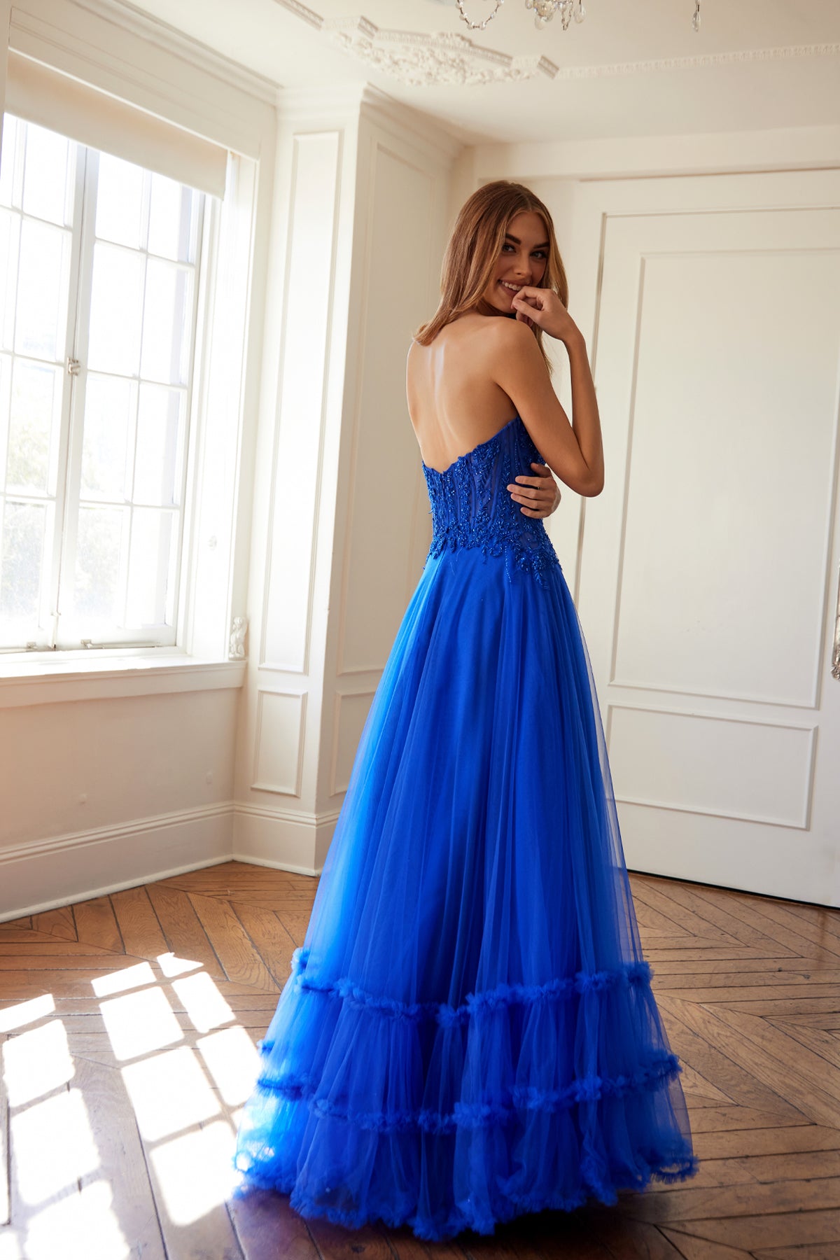 Strapless A-Line Beaded Evening Gown w/ Front Cut Out & Layered Skirt