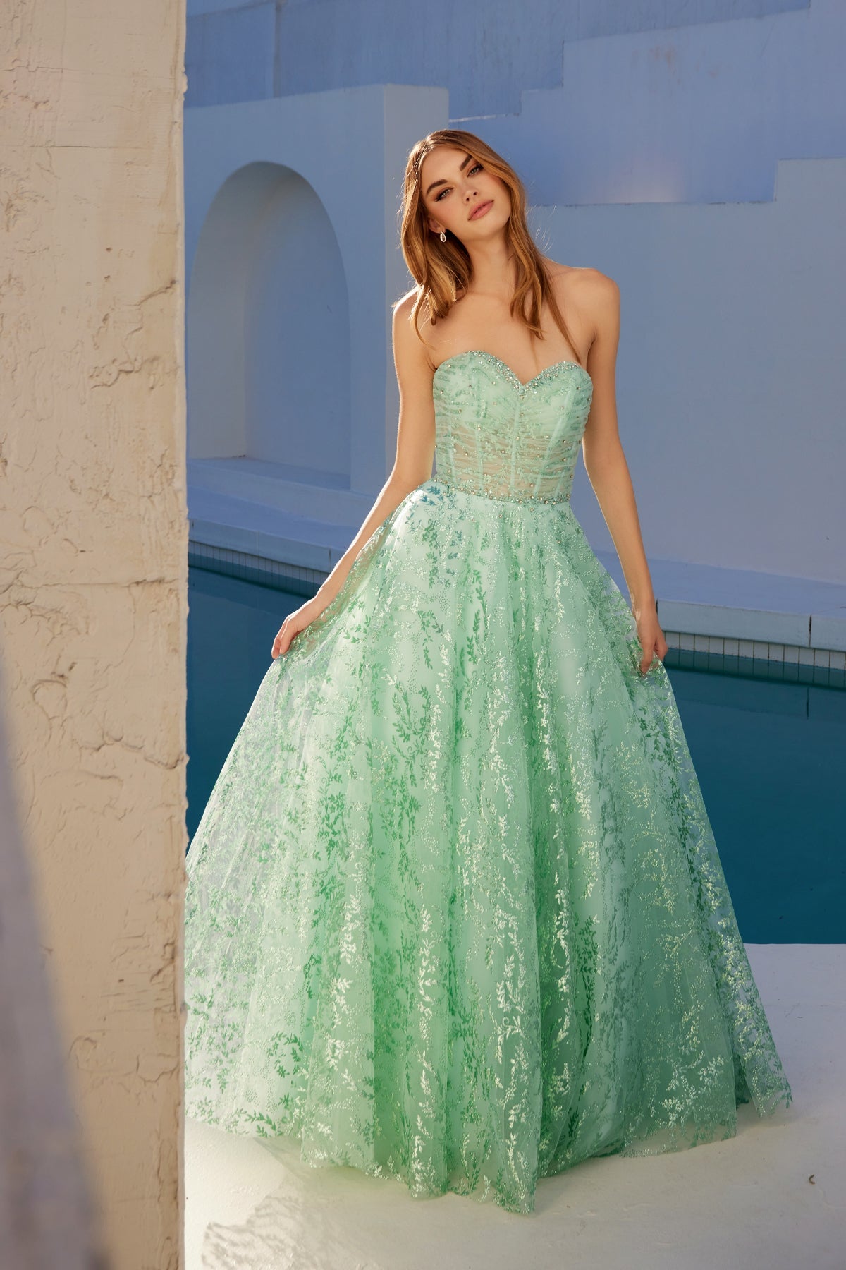 Strapless Beaded Sweetheart Evening Gown with Sheer Corset