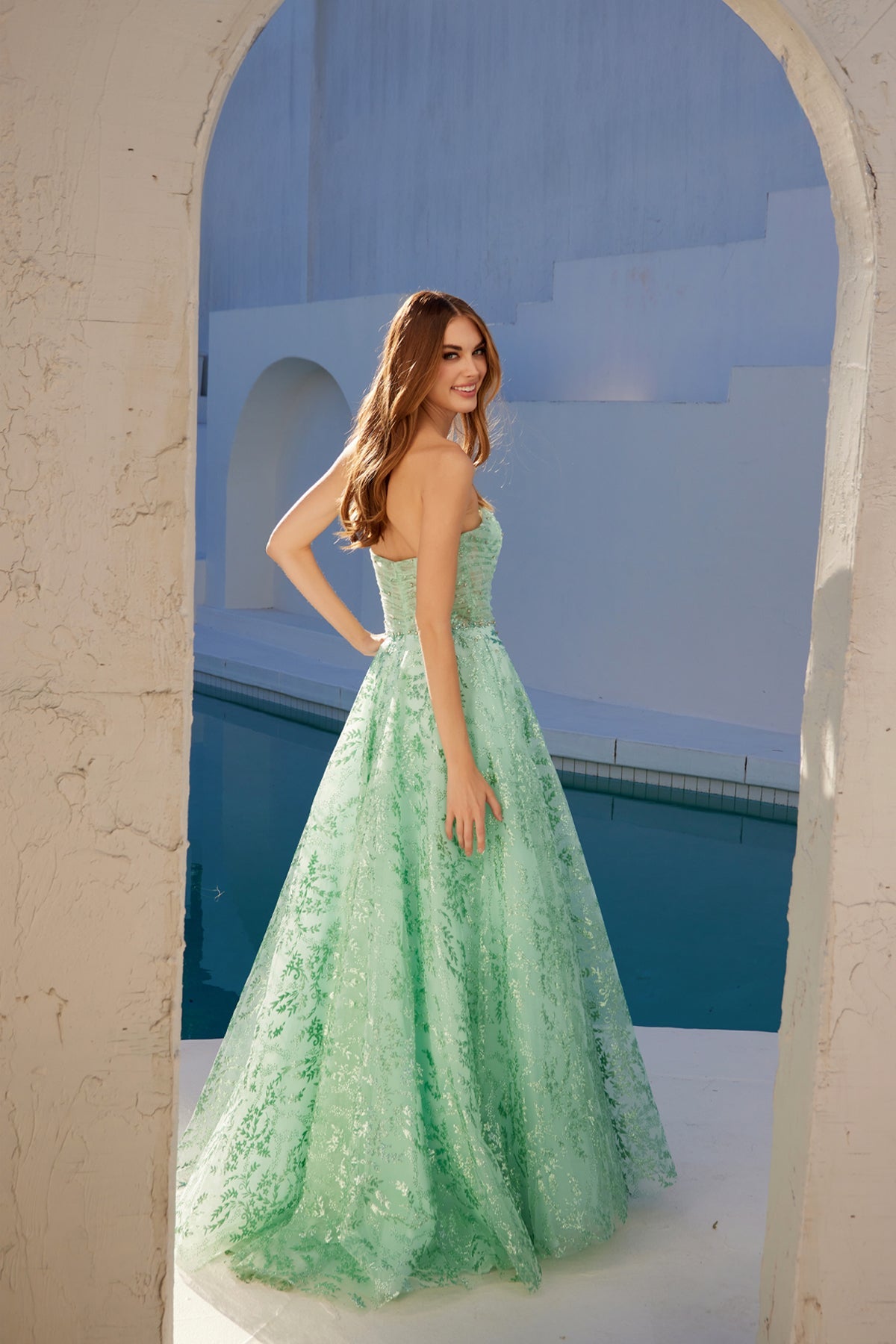 Strapless Beaded Sweetheart Evening Gown with Sheer Corset