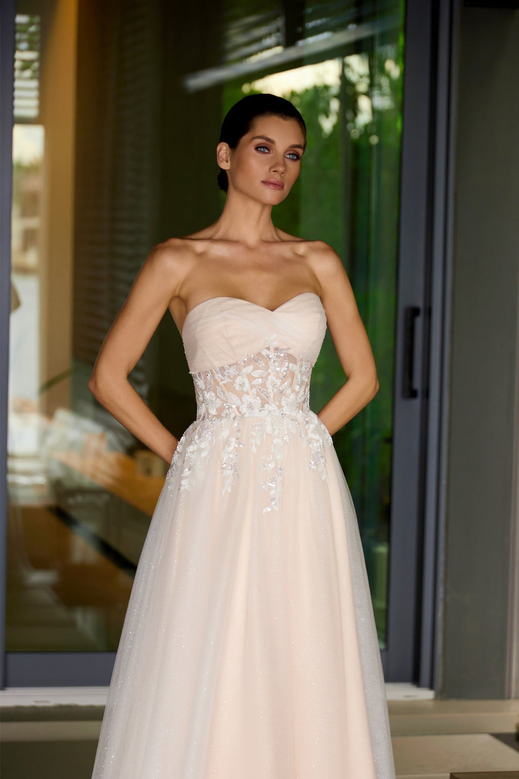 Strapless A-Line Bridal Gown w/ Beaded Waistline & Sheer Corset Bodice