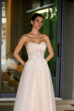 Strapless A-Line Bridal Gown w/ Beaded Waistline & Sheer Corset Bodice