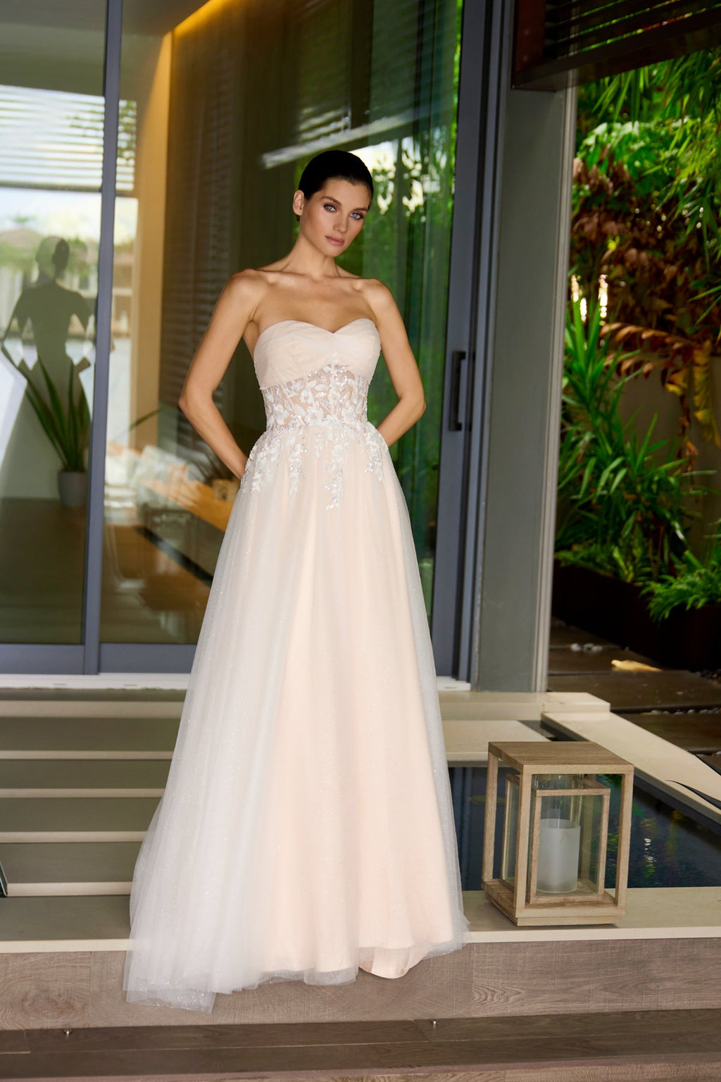 Strapless A-Line Bridal Gown w/ Beaded Waistline & Sheer Corset Bodice