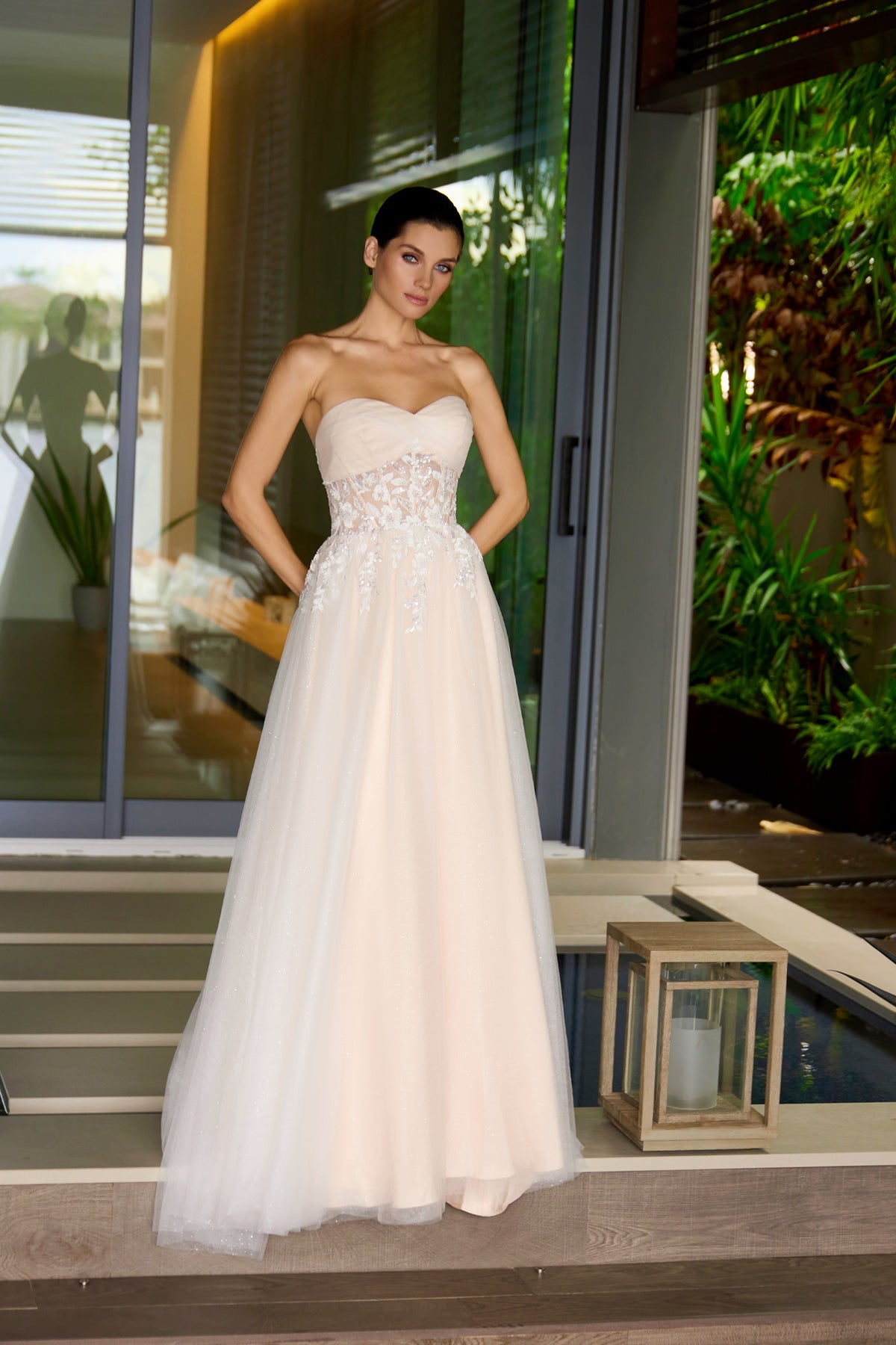 Strapless A-Line Bridal Gown w/ Beaded Waistline & Sheer Corset Bodice