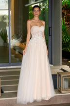 Strapless A-Line Bridal Gown w/ Beaded Waistline & Sheer Corset Bodice