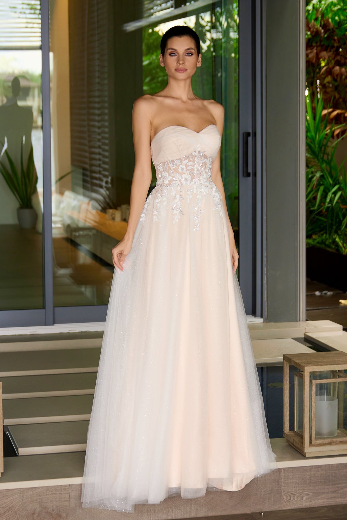 Strapless A-Line Bridal Gown w/ Beaded Waistline & Sheer Corset Bodice
