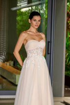 Strapless A-Line Bridal Gown w/ Beaded Waistline & Sheer Corset Bodice
