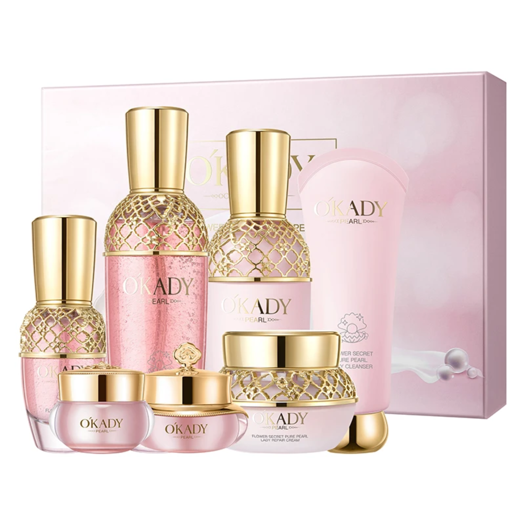 Zestaw na prezent OKADY Flower Secret Pure Pearl Lady Skin Care Set – Perłowa pielęgnacja anti-aging z efektem rozświetlenia i głębokiego nawilżenia