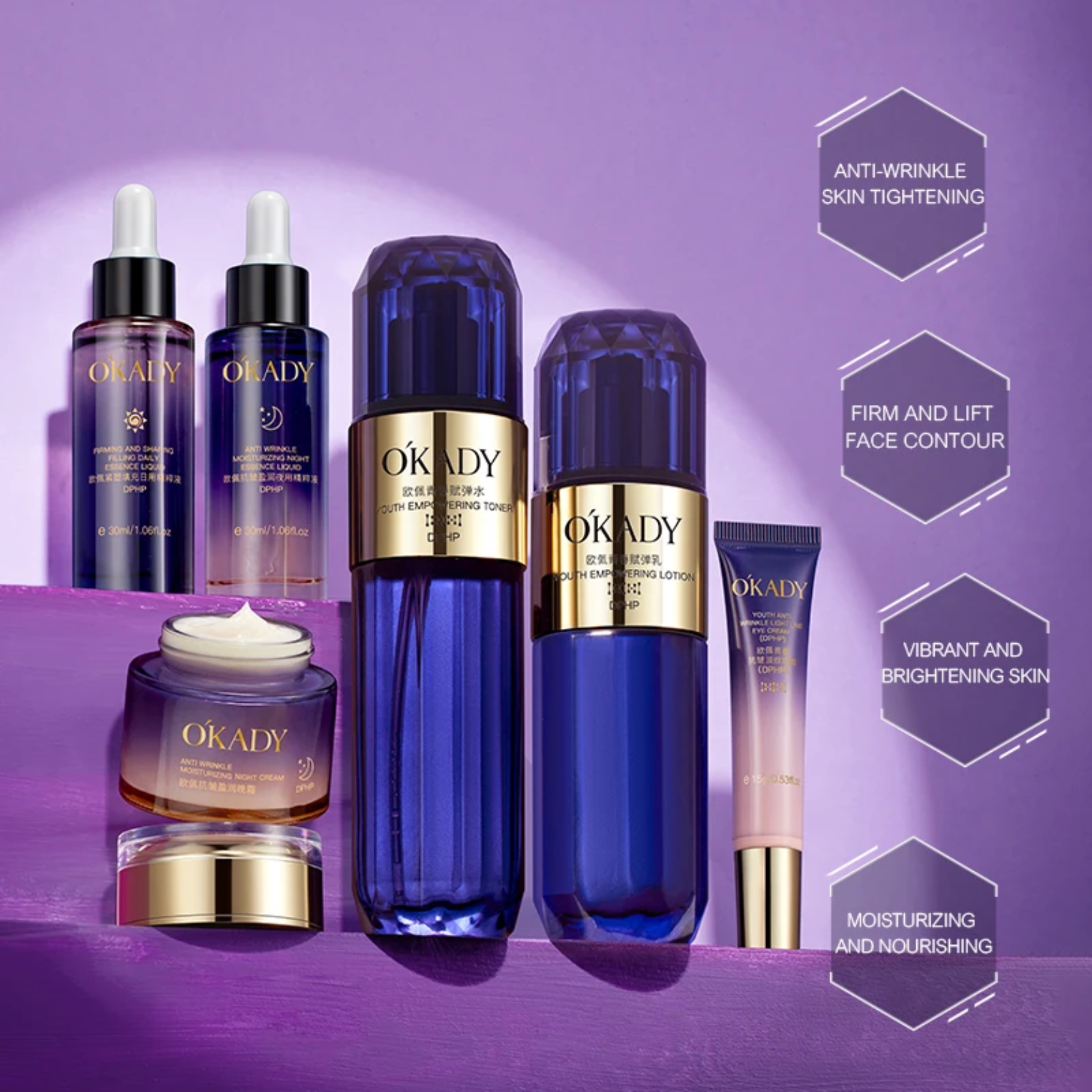 Zestaw na prezent OKADY Youth Elastic & Anti-Wrinkle 8-Step Skin Care Set – Kompleksowa pielęgnacja przeciwzmarszczkowa i liftingująca