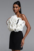 BLACK AND WHITE MINI DRESS WITH AN IMPRESSIVE FLORAL MOUNTAIN