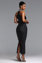 MAXI HALTER'S BLACK DRESS WITH CRYSTALS AND PEARL DECORATIONS