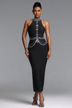 MAXI HALTER'S BLACK DRESS WITH CRYSTALS AND PEARL DECORATIONS