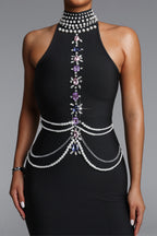 MAXI HALTER'S BLACK DRESS WITH CRYSTALS AND PEARL DECORATIONS