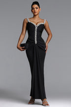 MAXI'S BLACK DRESS WITH CRYSTAL FINISH AND WRINKLE
