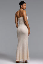 MAXI BEIGE STRAPLESS DRESS WITH PEARL FINISH AND SEQUINS