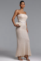 MAXI BEIGE STRAPLESS DRESS WITH PEARL FINISH AND SEQUINS