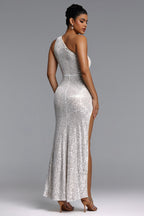 MAXI SILVER DRESS FOR ONE SHOULDER WITH A CUT