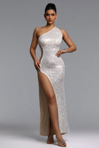 MAXI SILVER DRESS FOR ONE SHOULDER WITH A CUT