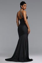 MAXI BLACK DRESS FOR ONE SHOULDER WITH A CRYSTAL STRIPE