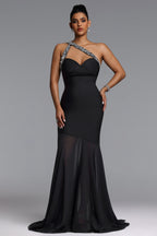 MAXI BLACK DRESS FOR ONE SHOULDER WITH A CRYSTAL STRIPE