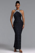 MAXI HALTER BLACK DRESS WITH PEARLS AND SHINY EMBELLISHMENTS