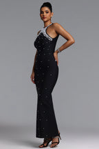 MAXI HALTER BLACK DRESS WITH PEARLS AND SHINY EMBELLISHMENTS