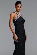 MAXI HALTER BLACK DRESS WITH PEARLS AND SHINY EMBELLISHMENTS