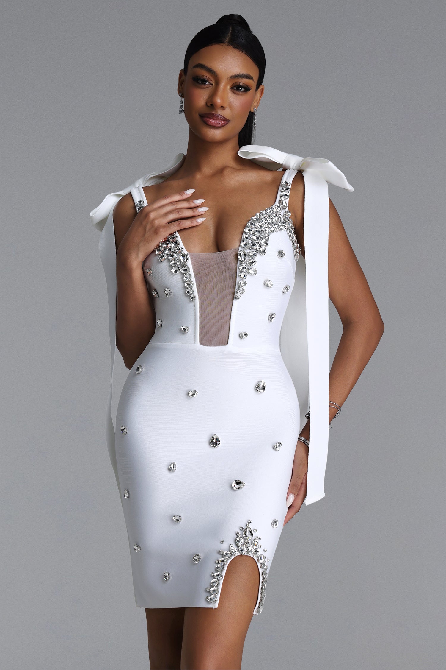 WHITE MINI DRESS WITH CORKS, CRYSTALS AND A DECIMAL V